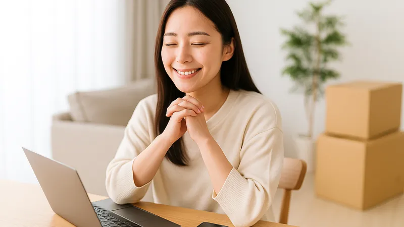 引越しの見積もりを終えてホッとした表情を見せる日本人女性の写真