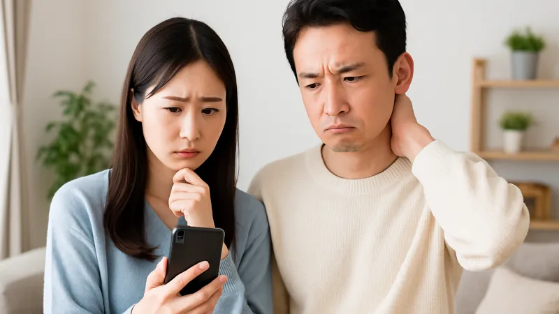引越し見積もり後の電話対応に不安そうな表情を見せる日本人カップルの写真