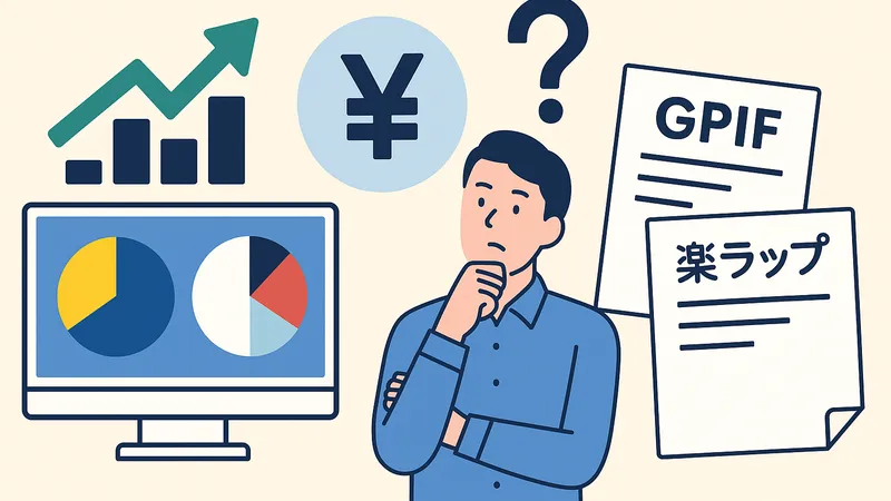 GPIFと楽ラップの資料を前に、資産配分に悩む男性のイラスト。円グラフや棒グラフ、円マークが描かれ、資産運用の比較を考えている様子を表現している。