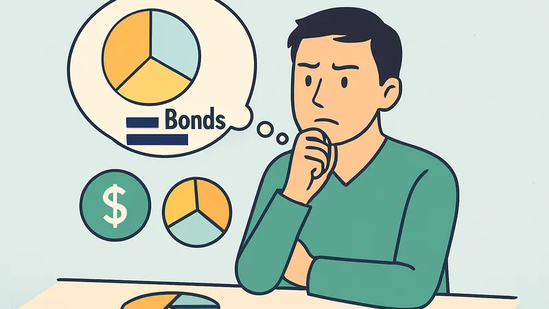 資産配分について考える男性のイラスト。円グラフやドルマーク、債券を示すラベルが登場し、自分に合ったアセットアロケーションを思案している様子を表現している。