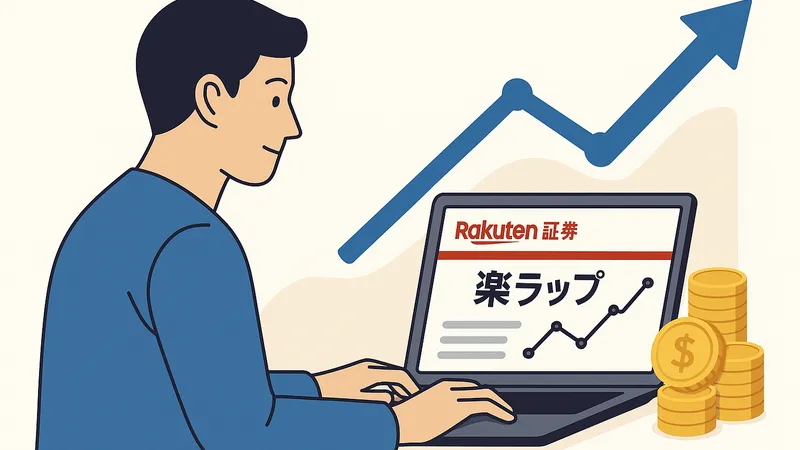 楽天証券の楽ラップでインデックス投資を始めている男性のイラスト。背景には上昇グラフと金貨が描かれている。