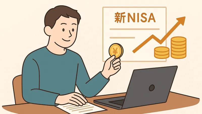 パソコンを使って新NISAでのインデックス投資を始めようとしている男性のイラスト。右側には上昇グラフとコインが描かれている。