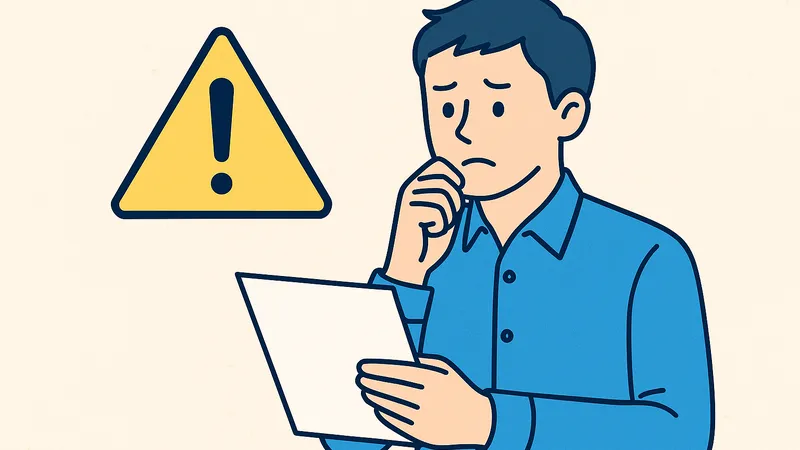 注意マークを見ながら、投資に関する書類を不安そうに見つめている男性のイラスト。