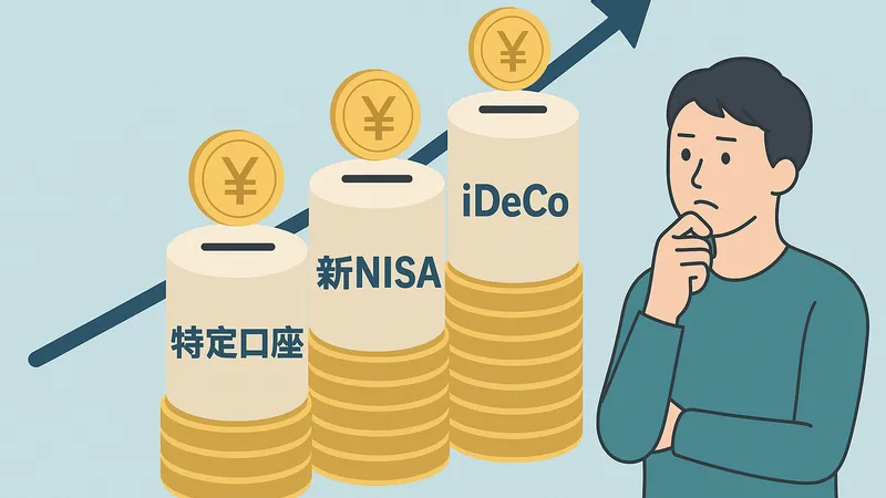 特定口座・新NISA・iDeCoの取り崩し優先順位を考える男性のイラスト