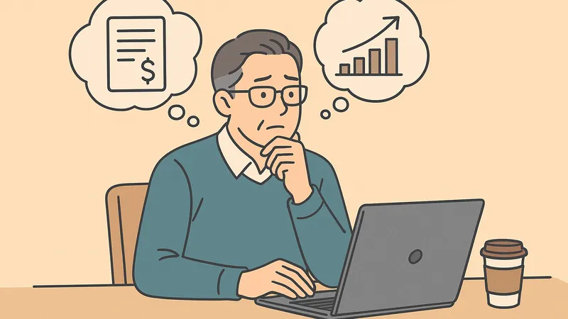 資産取り崩し戦略についてノートPCで考える中年男性のイラスト（4%ルールとグラフを思案中）