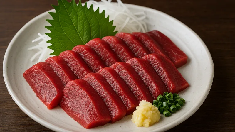 薄くスライスされた馬刺しを盛り付けた写真