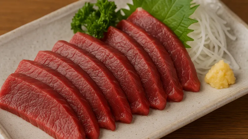 盛り付けられた赤身馬刺しと薬味の写真