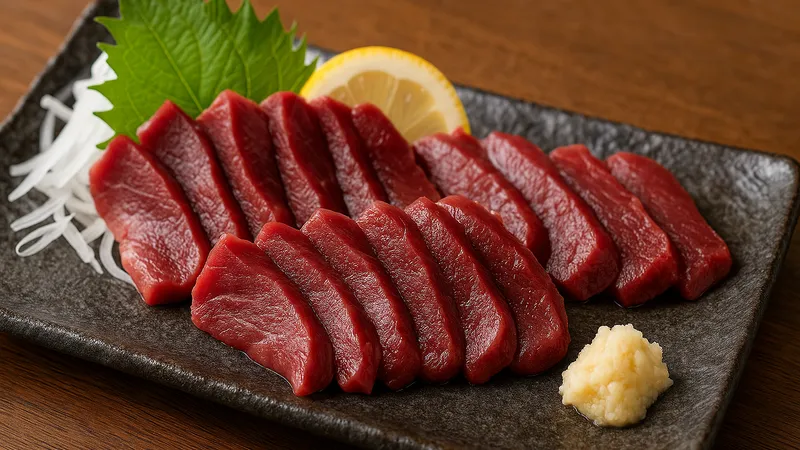 大葉とともに並べられた馬刺しスライスの写真