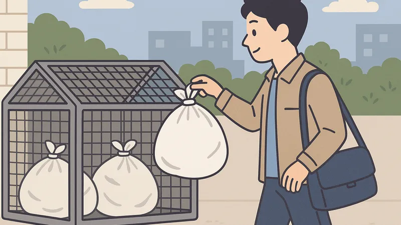 レオパレス風の集合住宅前でゴミ集積所にゴミ袋を出す男性のイラスト