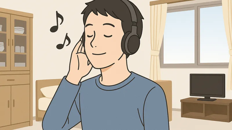 ヘッドホンで音楽を楽しみながら部屋でくつろぐ男性のイラスト