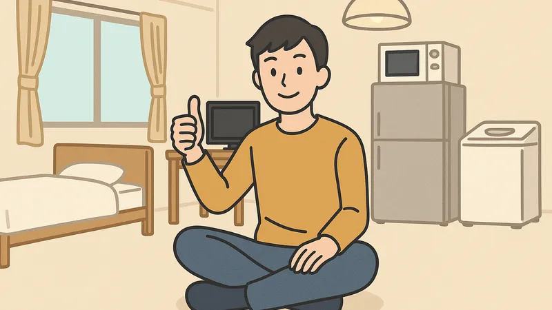 レオパレス風のワンルームで親指を立てて満足げに座る男性のイラスト