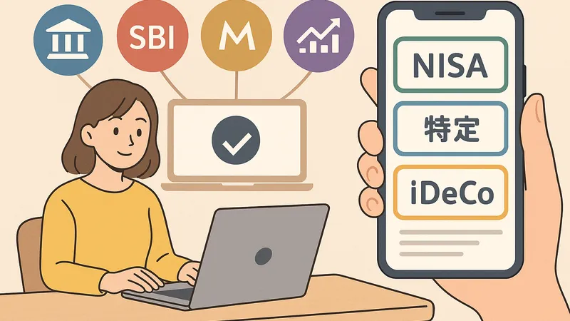 複数の証券口座を使い分けてインデックス投資を行う個人投資家のイラスト