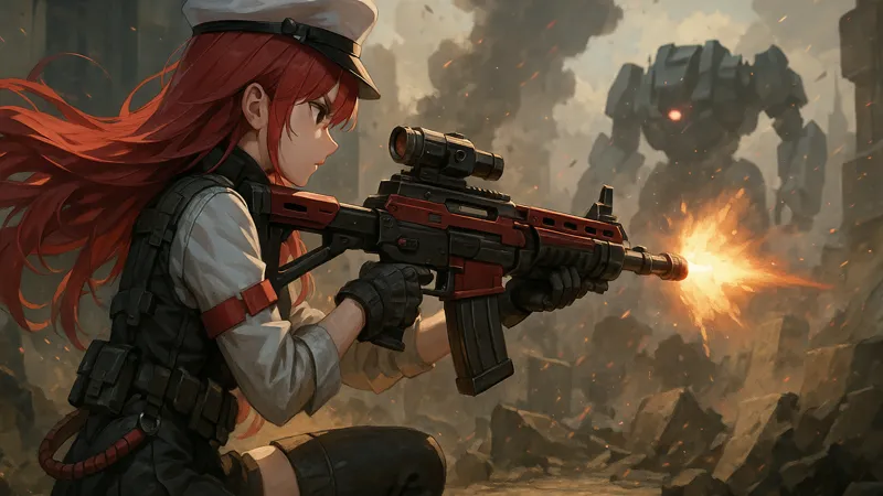 背中で銃を構える美少女キャラが戦場に立つ近未来ガンアクション風イラスト