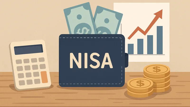 新NISAによる非課税投資をイメージした、財布・電卓・上昇グラフ・硬貨のイラスト
