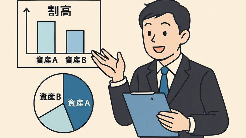 ノーセルリバランスのメリットを説明する男性と、資産Aが割高であることを示すグラフのイラスト