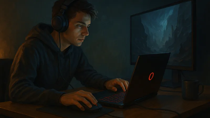 青色の未来的な背景の中で微笑む若い男性のデジタルイラスト、Opera GXのゲーム向けブラウザのイメージ
