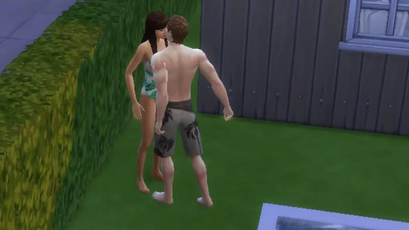 【PC】シムズ4の庭の隅でファーストキスをする男女のティーン