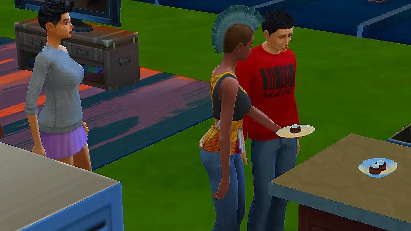 【PC】シムズ4で大皿に盛られた料理を取りに来た3人のシム