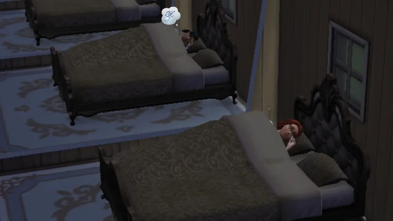 【PC】シムズ4で女性のティーンがベッドで寝ている様子