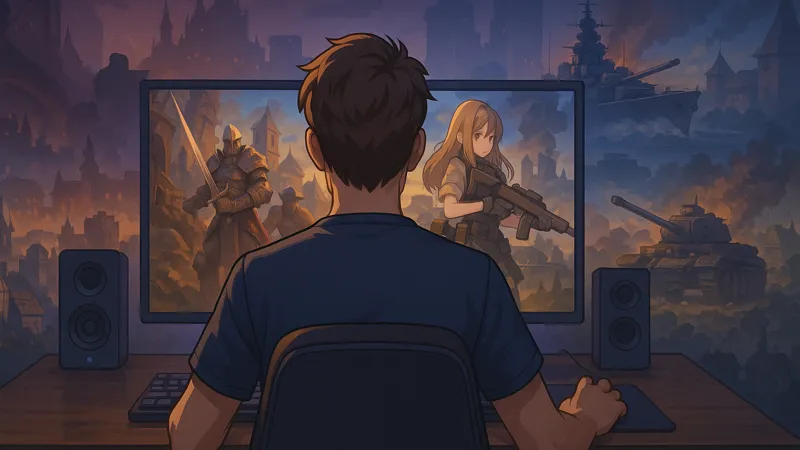 ゲーミングPCの前で満足げに過ごす人物の後ろ姿と、広がるゲーム世界の幻想的な風景