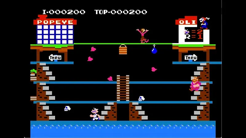 ポパイ（ファミコン）の1面プレイ中