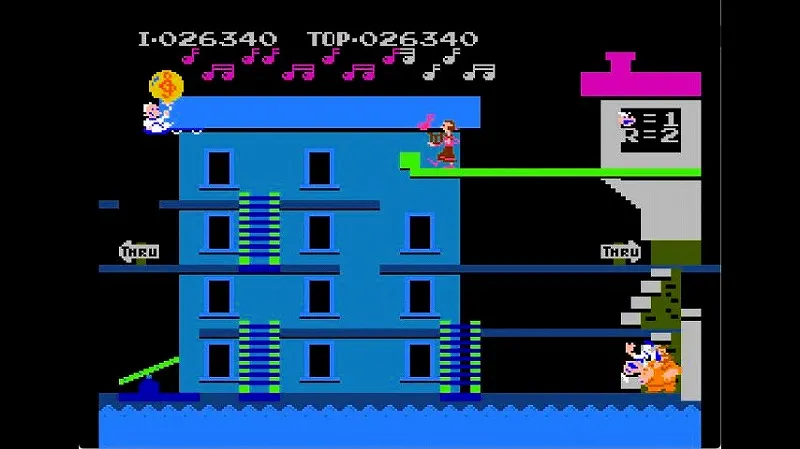 ポパイ（ファミコン）の2面でブルートを2回吹っ飛ばす裏技に失敗した場面