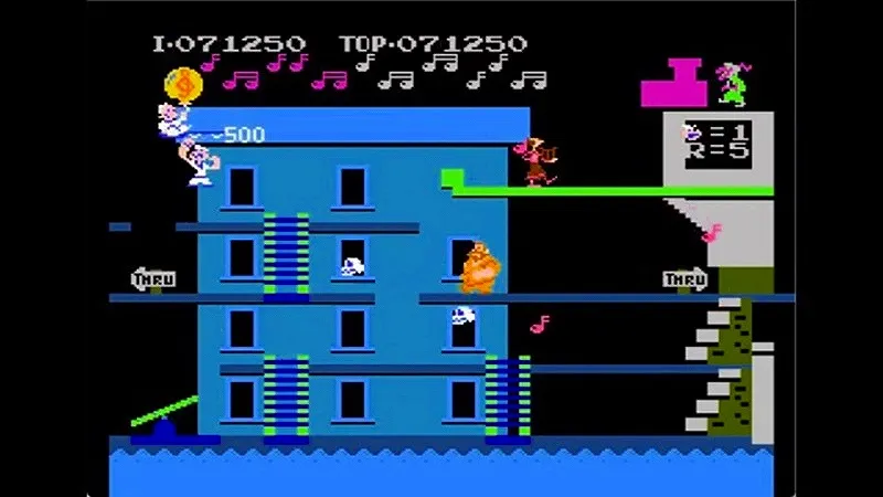 ポパイ（ファミコン）の2面でスウィーピーに触れた場面