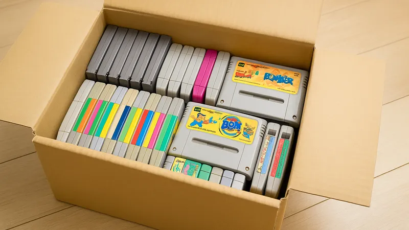 開いた段ボール箱に入ったレトロゲームのカセットの写真
