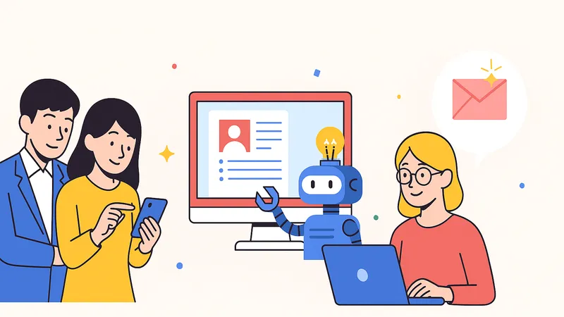 スマホで登録し、AIが職務経歴書を作成、企業からスカウトが届く様子を描いたイラスト