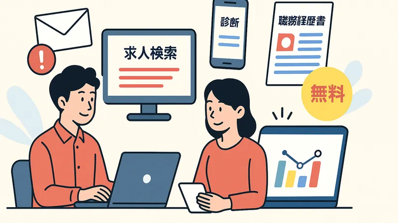リクナビNEXTの主な機能（求人検索、診断、職務経歴書作成）を利用する男女のイラスト