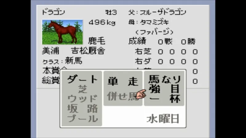 【SFC】ダビスタ3で調教メニューを選んでいる場面