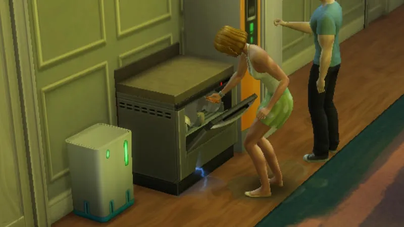シムズ4（PCゲーム）で壊れた食器洗浄機を修理している女性シム