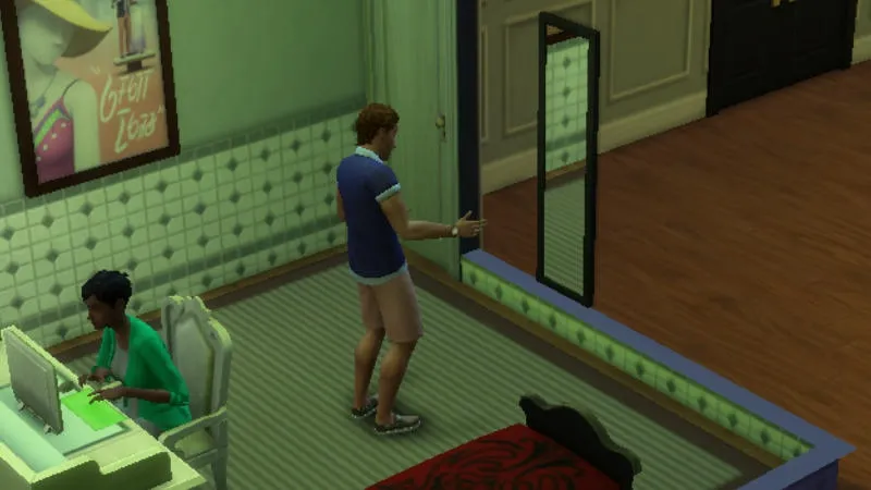 シムズ4（PCゲーム）で鏡に話しかけて怒りを鎮めている男性シム
