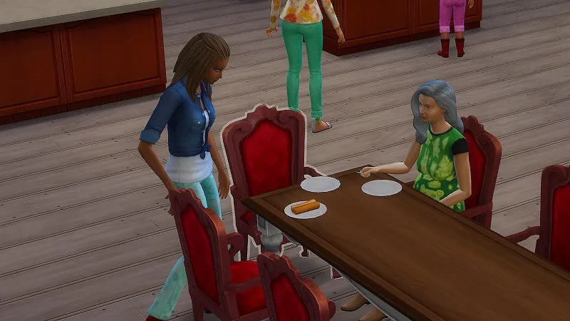 シムズ4（PCゲーム）で女性のティーンが食事のために椅子に座ろうとしている様子