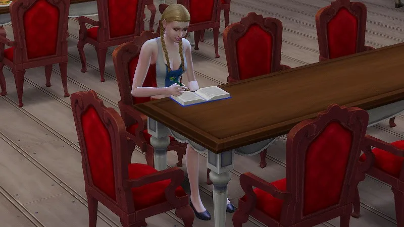 シムズ4（PCゲーム）で女性のティーンが宿題をしている様子