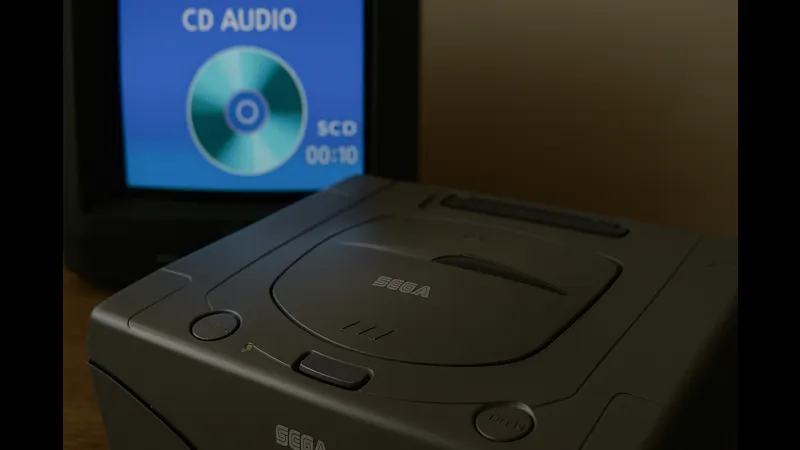 セガサターンがCDオーディオモードで起動している様子（旧型テレビに再生画面が表示）