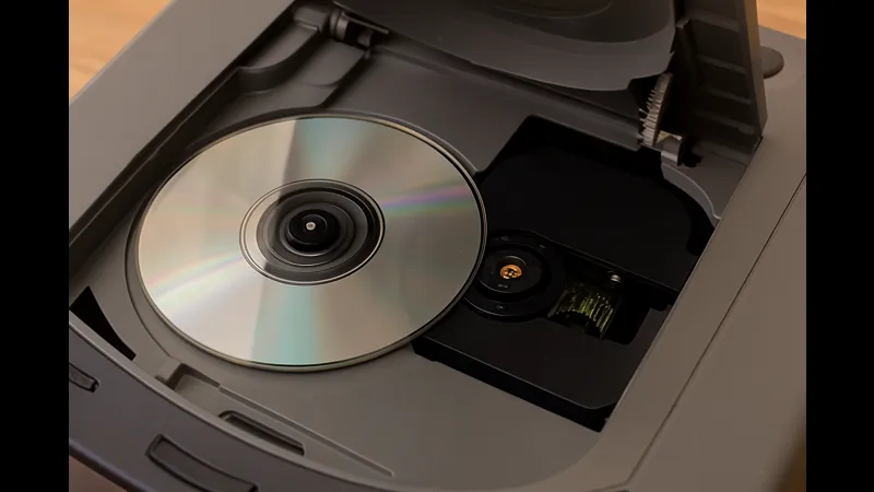 セガサターン内部のCDドライブとレンズ部分のクローズアップ写真（ディスクをセットした状態）