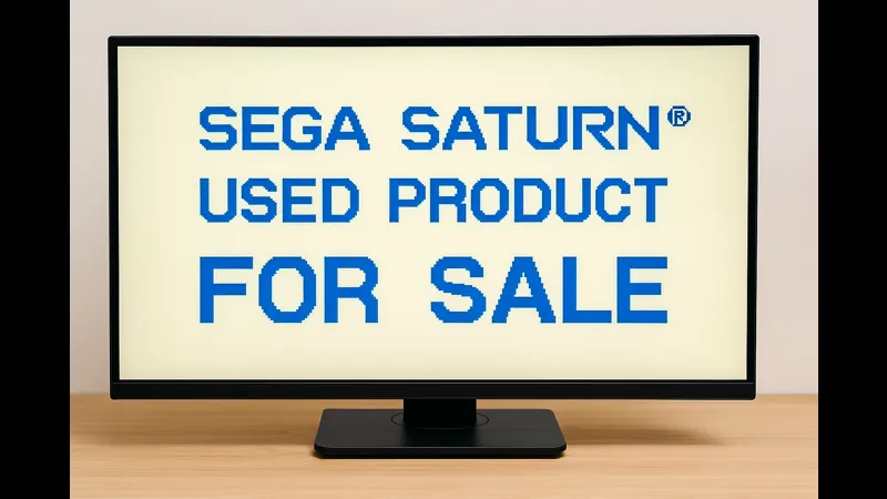 モニターに「SEGA SATURN USED PRODUCT FOR SALE」と表示された画面のクローズアップ