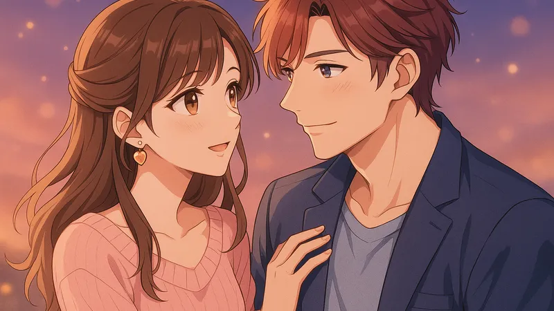 見つめ合いながら微笑む若い男女のカップルのイラスト。新しい恋の始まりを感じさせる穏やかな雰囲気。