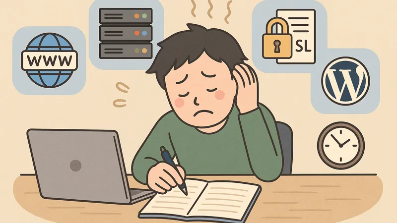 WordPressブログの開設作業に苦戦する初心者男性のイラスト