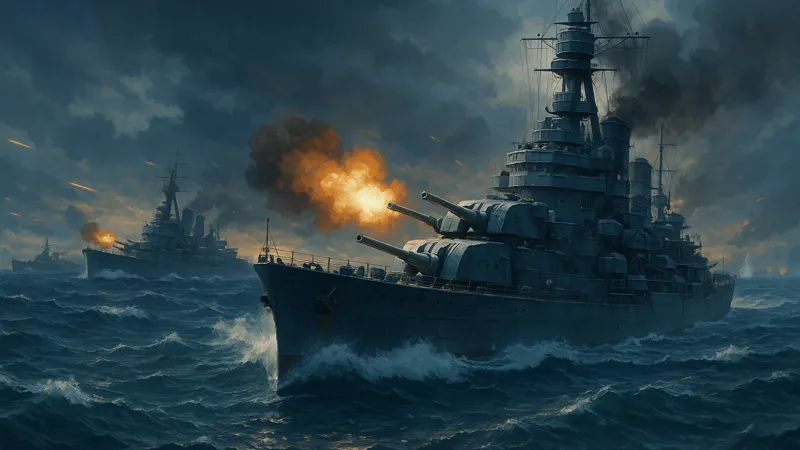 戦艦が荒波の中で砲撃を交わす壮大な海戦シーン