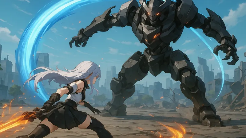 PCゲーム『鳴潮』で少女戦士が巨大なロボットと戦っているバトルシーン