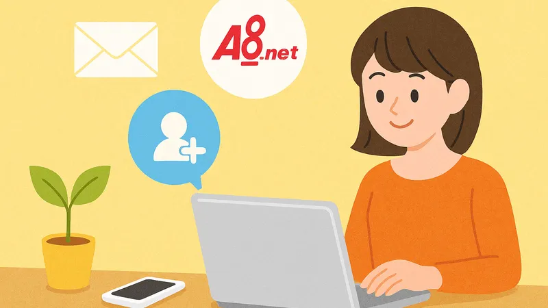 パソコン画面を前にA8.netに登録する若者のイラスト