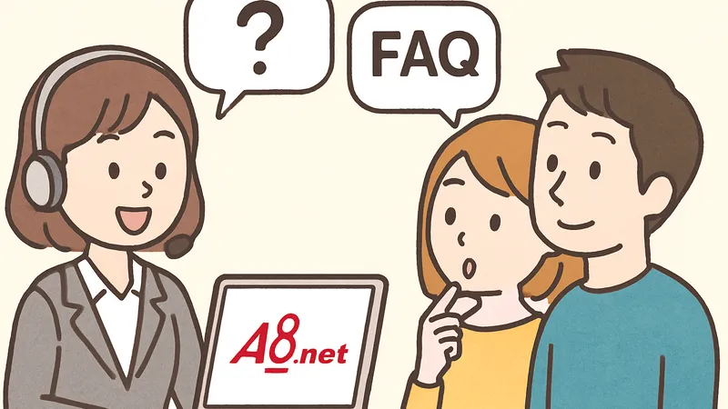 A8.netに関するよくある質問を確認している利用者のイラスト