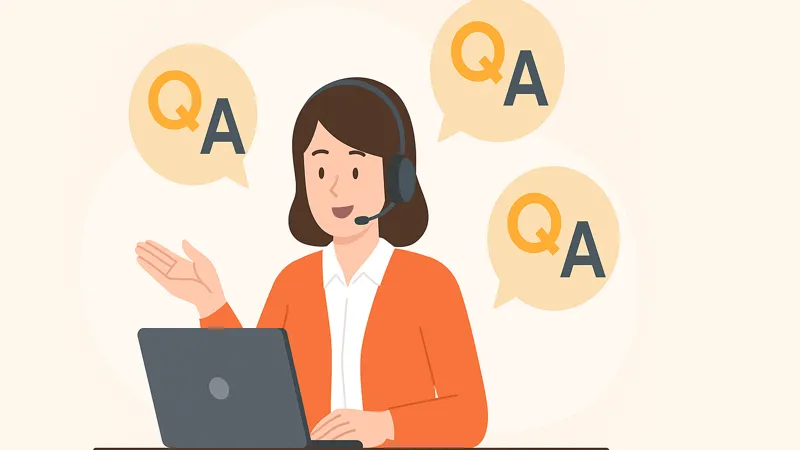 パソコンとヘッドセットを使ってQ&Aに対応している女性のイラスト