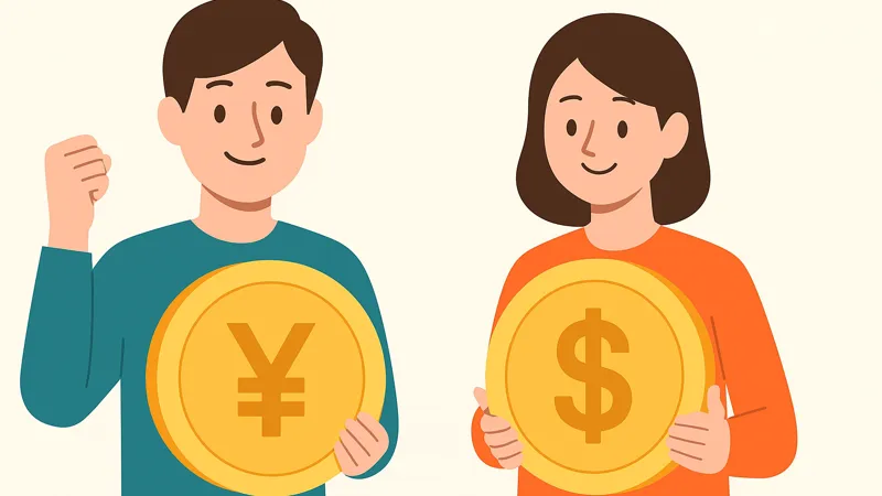 アキッパの収益化に成功した男女が笑顔で硬貨を掲げているイラスト