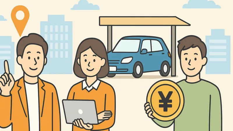 アキッパの対象となる3タイプの駐車スペース所有者をイメージしたイラスト。土地を持つ人、月極駐車場の空きを持つ人、副収入を得たい人が描かれている