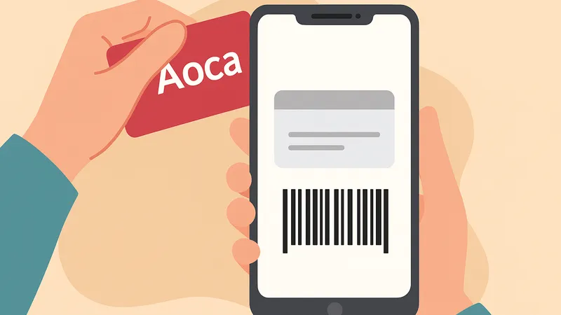 スマホのバーコード画面とAocaカードを持つ手のイラスト