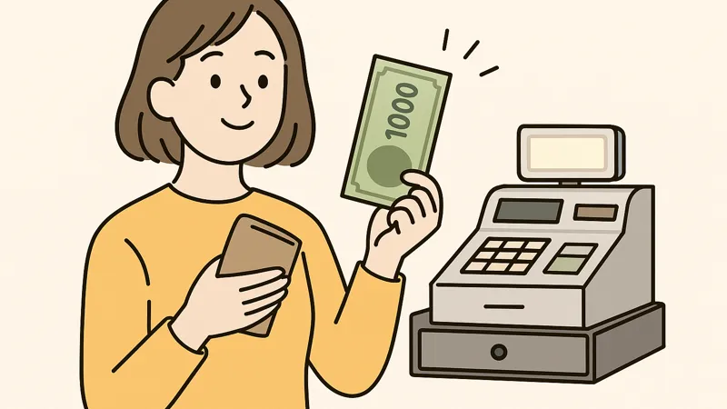 Aocaチャージを検討する女性のイラスト