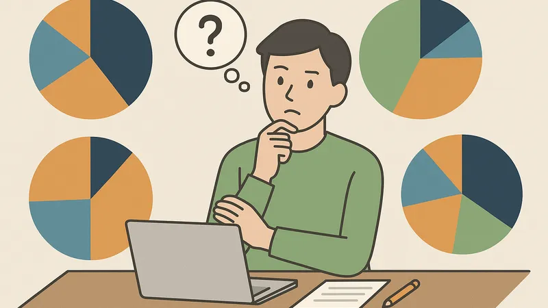 アセットアロケーションに悩む投資初心者がパソコンの前で考え込んでいるイラスト
